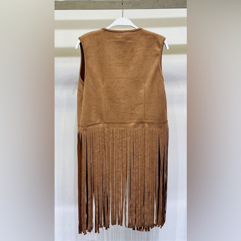 (57671-CML) FAUX SUEDE OPEN VEST WITH FRINGE HEM - Picture 2 of 6